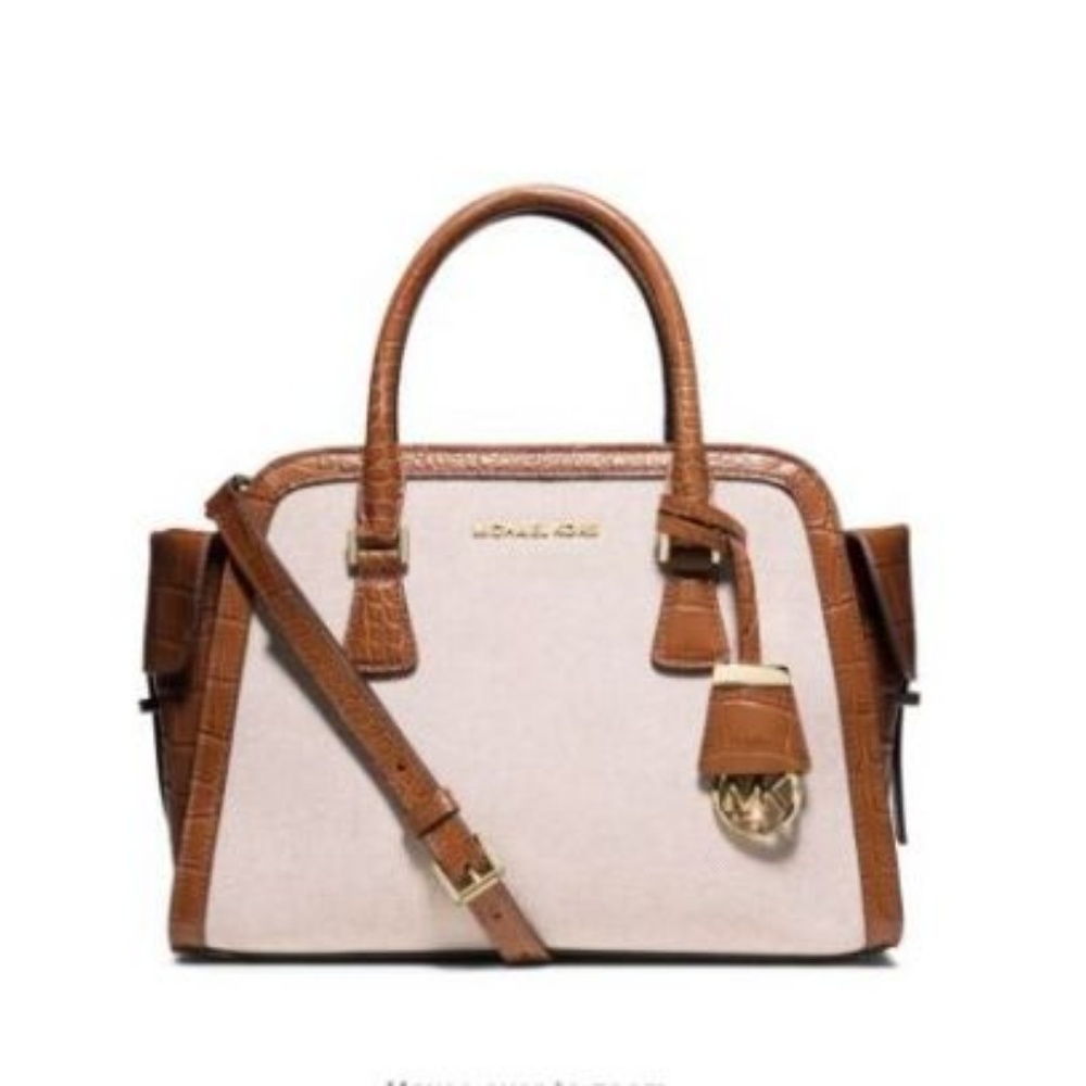 Michael Kors Harper Medium Two-Tone Canvas Satchel $398 Ecru / Dark Walnut  #047